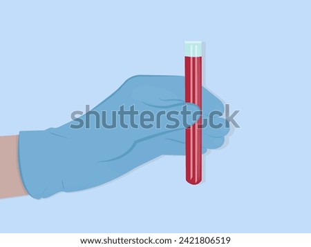 Vector illustration of a laboratory assistant, doctor's hand in gloves holding a test tube with blood, red liquid.