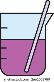 Ilustración vectorial de vaso de laboratorio con líquido púrpura y varilla de agitación para Educación de Ciencia y diseño de química