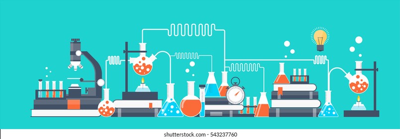 Vector illustration. Laboratory. Chemical research. Flat study background. Education and online courses. Creative process. Power of knowledge.Medicine.