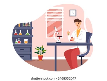 Ilustración vectorial de un laboratorio de investigación científica, experimentación y medición en un fondo plano tipo caricatura