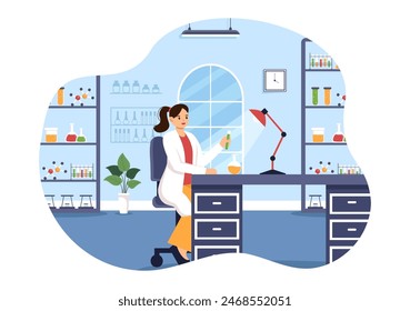 Ilustración vectorial de un laboratorio de investigación científica, experimentación y medición en un fondo plano tipo caricatura