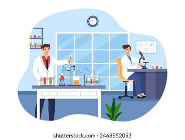 Vector Illustration of a Laboratory Conducting Scientific Research, Experimentation, and Measurement in a Flat Cartoon Style Background