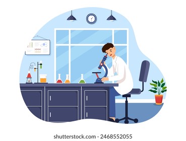 Ilustración vectorial de un laboratorio de investigación científica, experimentación y medición en un fondo plano tipo caricatura