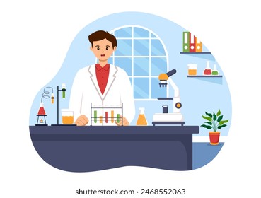 Vector Illustration of a Laboratory Conducting Scientific Research, Experimentation, and Measurement in a Flat Cartoon Style Background