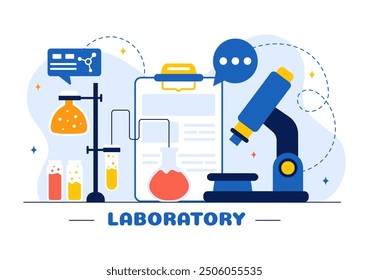 Una Ilustración vectorial de un laboratorio que realiza investigación científica, experimentación y medición en un fondo plano de estilo de dibujos animados
