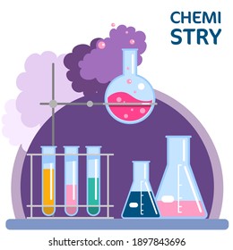 Vector Illustration With Laboratory Equipment, Chemistry Logo. Chemical Experiment