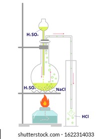 Vector illustration of laboratory equipment for hydrogen cloride production. Science diagram of chemical reaction of sulfuric acid and sodium chloride for producing hydrochloric acid for chemistry 