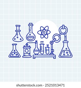 Equipo de laboratorio de Ilustración vectorial que incluye frascos, tubos de ensayo, aparatos químicos estilo minimalista de arte de línea azul sobre fondo de cuadrícula. Ciencia, química, investigación y educación