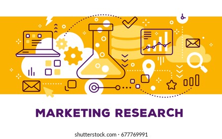 Vector illustration of laboratory flask, laptop, graph and icons. Marketing research concept on yellow background with title. Thin line art flat style design for web, banner, business presentation