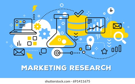Vector illustration of laboratory flask, laptop, graph and icons. Marketing research concept on blue background with title. Thin line art flat style design for web, site, banner, business presentation