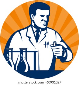 vector illustration of a laboratory scientist or research and development technician holding a vial or test set inside a circle.