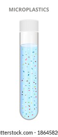 Vector illustration of laboratory test tube with a sample of microplastics in water isolated on a white background. Water, ocean, sea pollution. Ecosystem problem – planet earth covered with plastics.