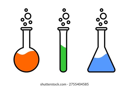 Vector illustration of laboratory test tube, flask, and Erlenmeyer flask icons. Chemical laboratory icons on a white background.