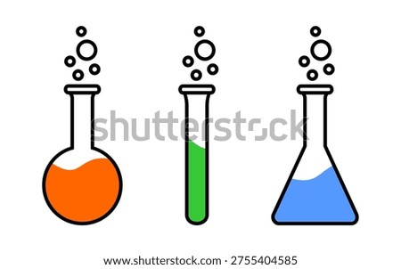 Vector illustration of laboratory test tube, flask, and Erlenmeyer flask icons. Chemical laboratory icons on a white background.