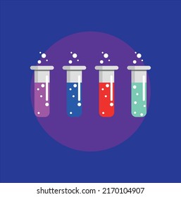 Vector illustration laboratory test tubes with blue, red, green and purple liquid. Chemical and biological experiments, flat style on dark blue background.