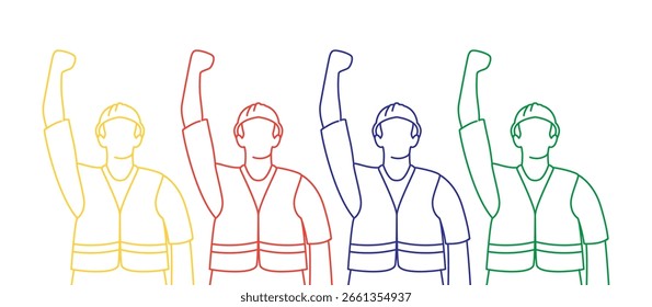 Vektorgrafik eines Arbeiters im Linienkunststil, in voller Farbe. Alles Gute zum Tag der Arbeit.