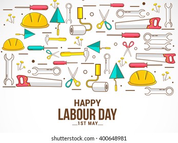 Vector illustration of Labour Day 3d typography concept with engineer labour tools.