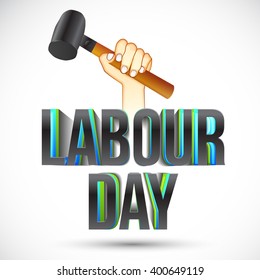 Vector illustration of Labour Day 3d typography concept with man holding hammer.