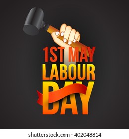 Vector illustration of Labour Day 3d typography concept with man holding hammer.