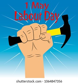 Vector illustration of a labour day on May 1 with a hammer in hand on a blue background