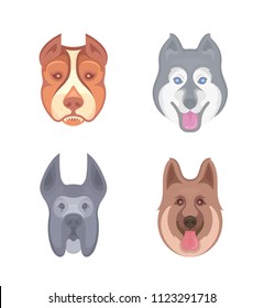 Vector illustration of Labrador-Retriever, Siberian Husky, Pitbull, German Shepherd and Great Dane. Stickers and Logos for Pet Shops, Animal Shelters, Dog Show, and others.