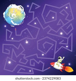 vector illustration. Labyrinth an astronaut on a rocket flies to Earth against the background of the starry sky