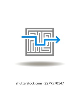 Vector illustration of labyrinth conundrum with arrow way. Icon of problem solution. Symbol of solve and success. Sign of plan, strategy, tactics.