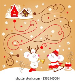 Vector illustration of labyrinth, maze.  Kids maze, vector game for children with a labyrinth. Cute mouse, rat.