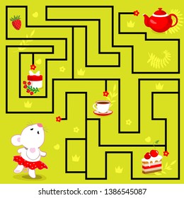 Vector illustration of labyrinth, maze.  Kids maze, vector game for children with a labyrinth. Cute mouse, rat.
