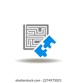 Vector illustration of labyrinth or maze and puzzle pieces. Icon of evidence. Symbol of search solution.