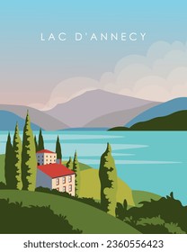 Vector illustration Lac Dannecy. France. Design for poster, banner, postcard. Tourism, travel.