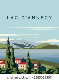 Vector illustration. lac d'annecy. Travel poster, banner, postcard, cover. Modern design. Travel.