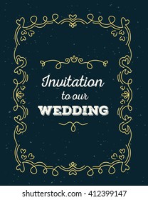 Vector illustration of lace frame with inscription invitation to our wedding of yellow color on black background. Thin flat line art design to make a wedding invitation, card, postcard, paper print.