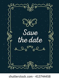 Vector illustration of lace frame with inscription save the date and butterfly on black background. Thin flat line art design to make a wedding invitation, card, postcard, poster, paper print.