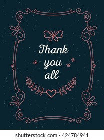 Vector illustration of lace frame with inscription thank you all and butterfly of red color on black background. Thin flat line art design to make a greeting card, postcard, poster, paper print