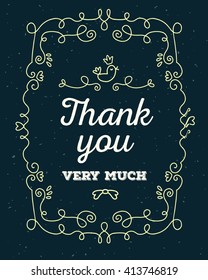 Vector illustration of lace frame with white inscription thank you very much and bird on black background. Thin flat line art design to make a greeting card, postcard, poster, paper print