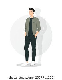 Vector illustration. Laconic look in a dark jacket and black pants. The combination of classic colors is suitable for any event.