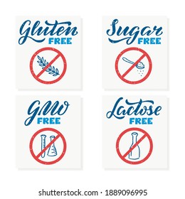 Vector illustration lactose, sugar, GMO, gluten free lettering for banner, sticker, signage, package, product design, healthy food guide, restaurant menu. Handwritten text for web or print
