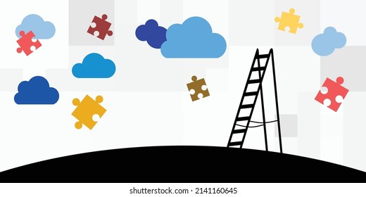 vector illustration of ladder and clouds and jigsaw puzzle pieces for collaboration concept