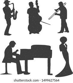 Vector illustration of ladies and gentleman music set. Jazz musicians band silhouettes. Saxophone, trumpet, cello, trombone, singer girl or woman, grand piano player. Vintage hand drawn style.