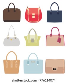 vector illustration of ladies handbags different styles isolated on white background.