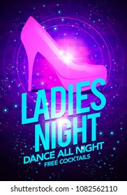 Vector illustration ladies night dancing event flyer poster template with high heeled shoes and glossy background
