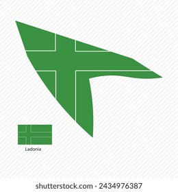 Vector illustration with ladonia national flag with shape of ladonia map (simplified). Volume shadow on the map