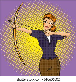 Vector illustration of lady archer stringing the bow in retro pop art comic style. Archery concept.