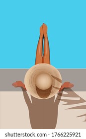 Vector illustration of lady in a big hat relaxing by pool. Summer concept