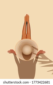 Vektorgrafik der Dame in einem großen Hut entspannen am Pool. Sommerkonzept