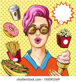 Vector illustration of lady with burgers in her eyes and paper coffee cup, appetizing donut, pop corn, hot dog, french fries, ice cream, thought bubble. Fast food poster in retro pop art comic style.