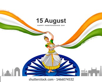 vector illustration of Lady dancer on Indian tricolor background for 15th August Happy Independence Day of India