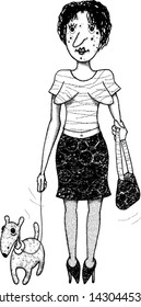 Vector illustration of lady with dog on a leash.