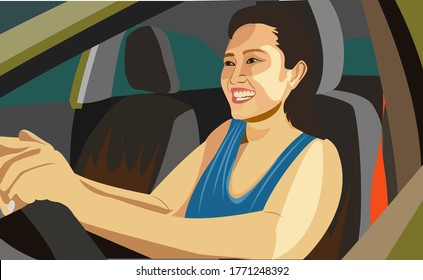 Vector illustration of lady driving car without seatbelt